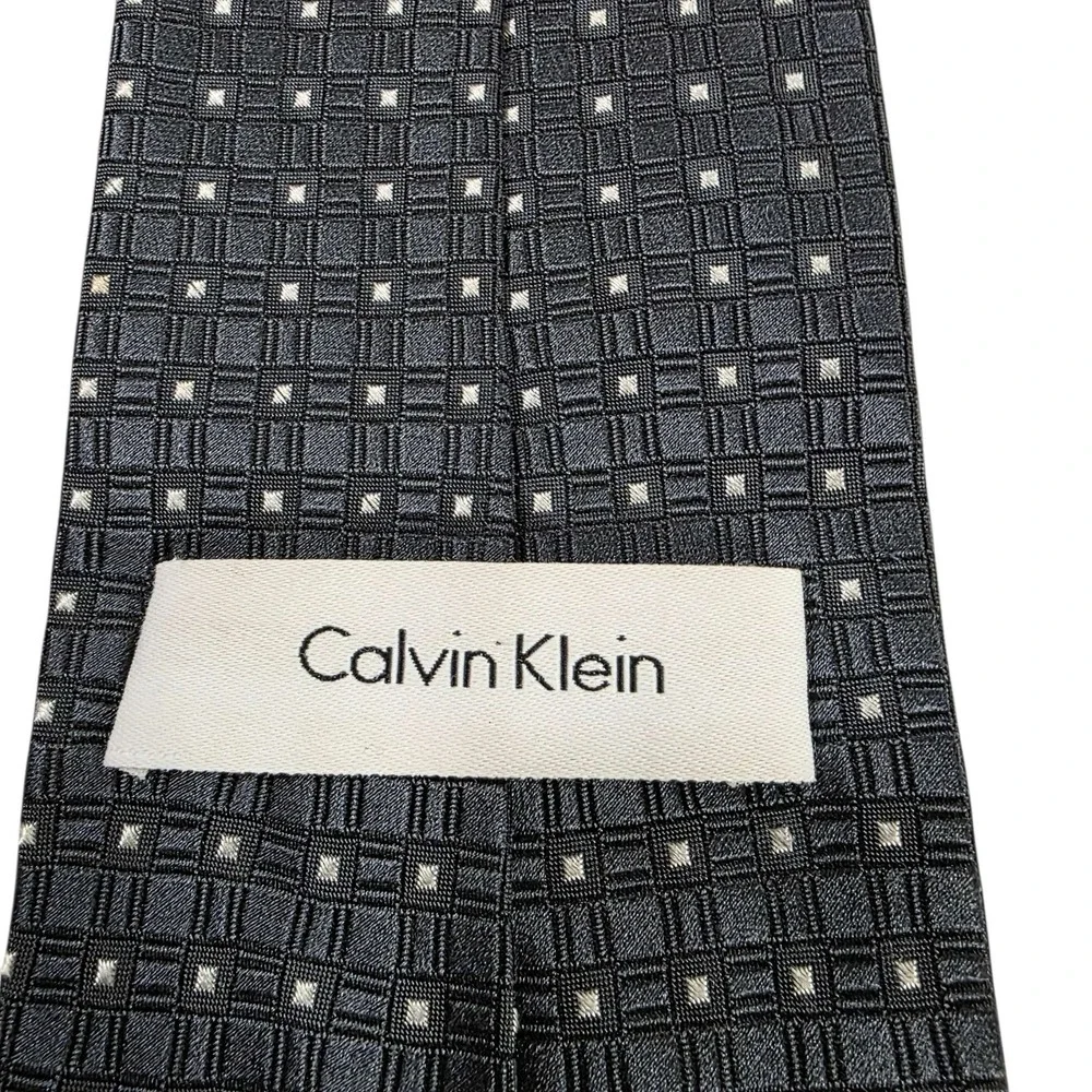 Calvin Klein‎ Silk Tie Men's Gray White Polka Dot Woven Luxury Designer Necktie
